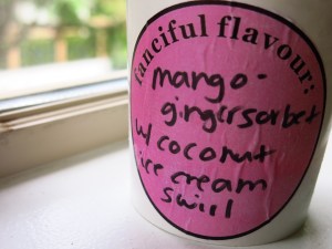 Mango-Ginger sorbet swirled with coconut ice cream